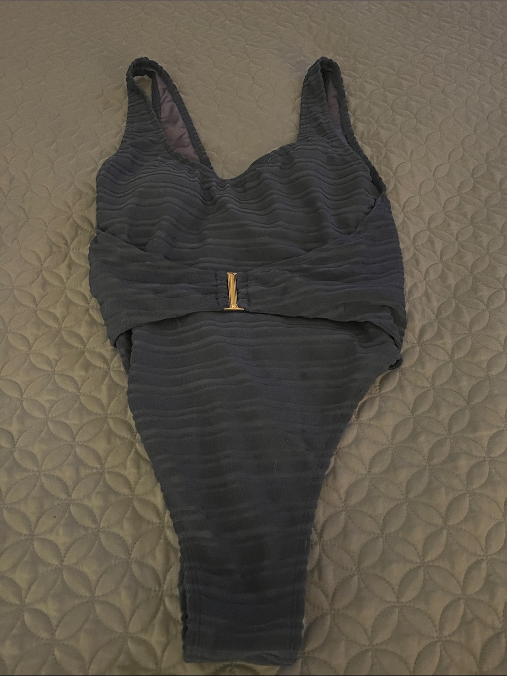 Classic Navy Textured One-Piece Swimsuit with Gold Buckle